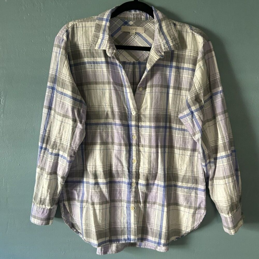 Loft women's purple/white plaid button down top shirt size medium